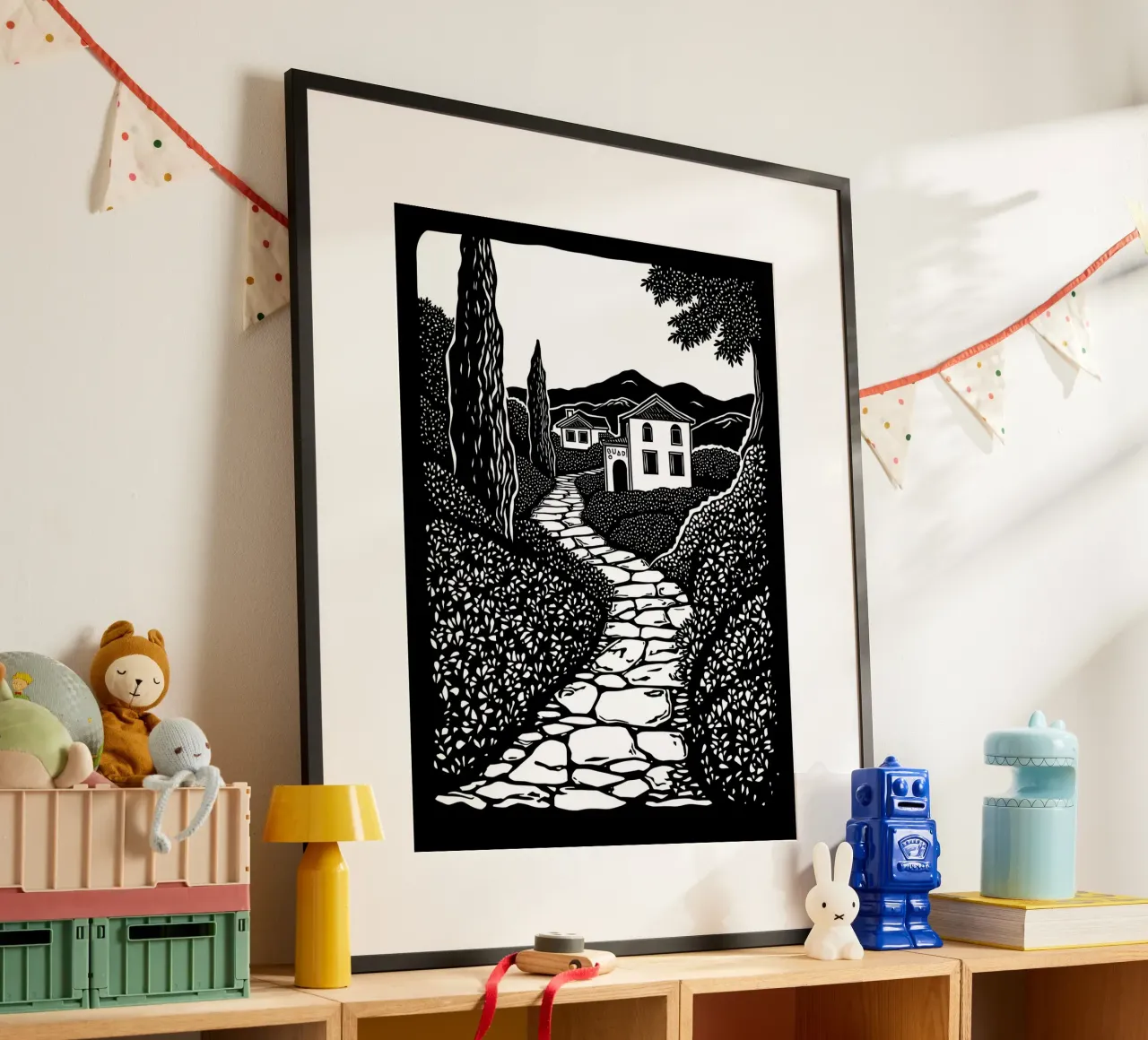 Tuscany Countryside Linocut Art – Rustic Italian Landscape hahnemühle by Indigo Rain