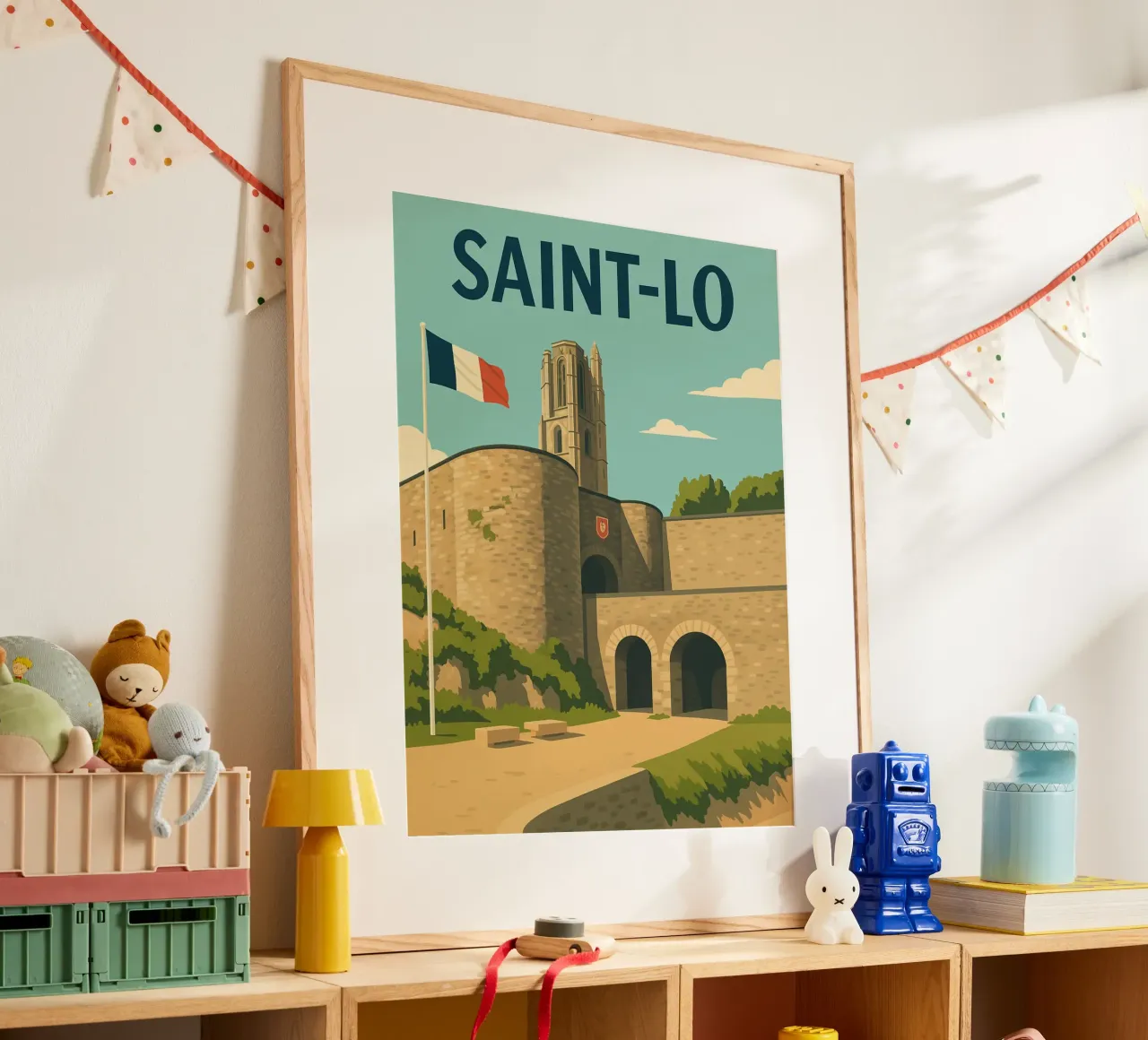 Saint-Lô - Retro poster of the ramparts and Notre-Dame tower poster with wooden frame by PrintMoiUnTruc