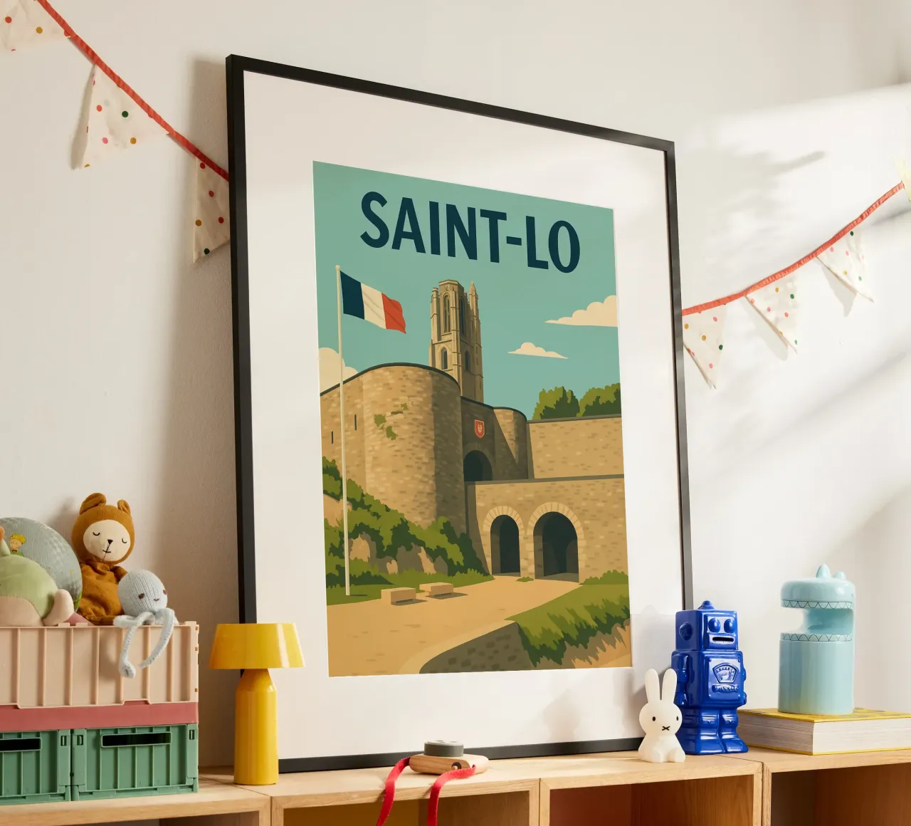 Saint-Lô - Retro poster of the ramparts and Notre-Dame tower poster with wooden frame by PrintMoiUnTruc