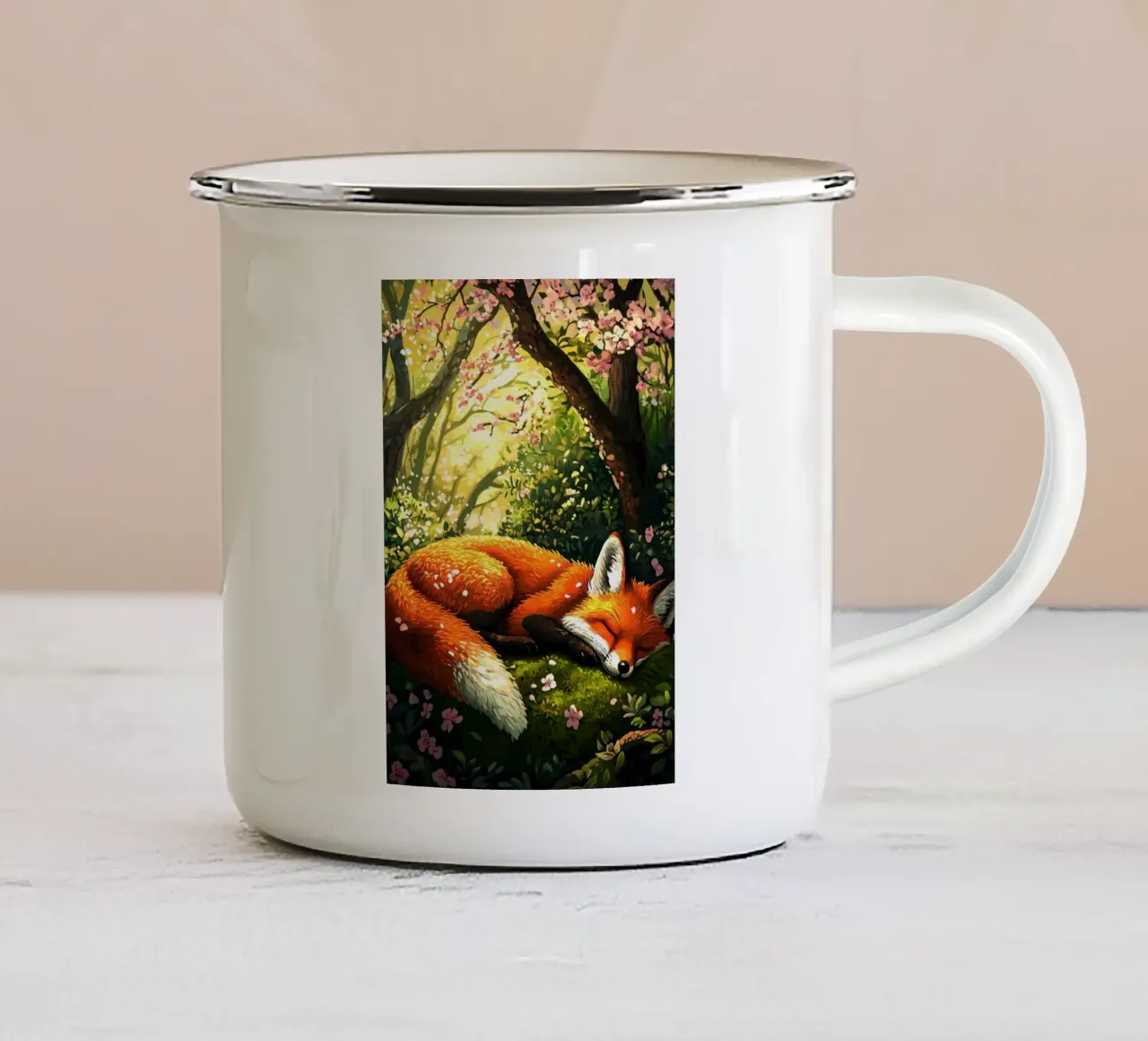 Volpe addormentata nel bosco di primavera tazza in smalto da pixelbull - medieval art and more