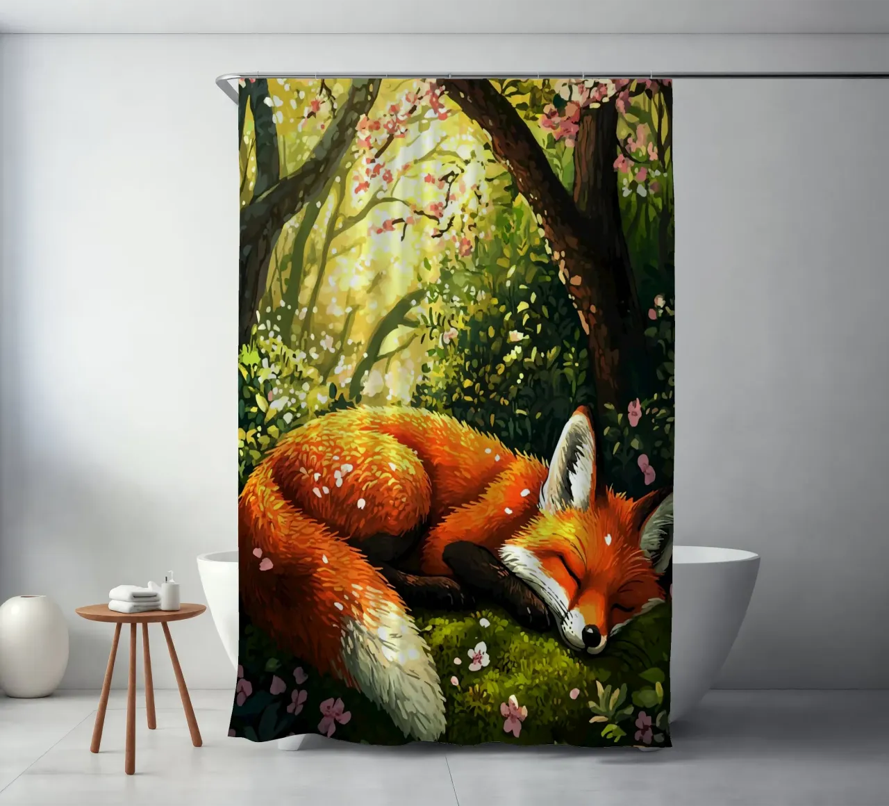 Sleeping fox in the spring forest shower curtain by pixelbull - medieval art and more