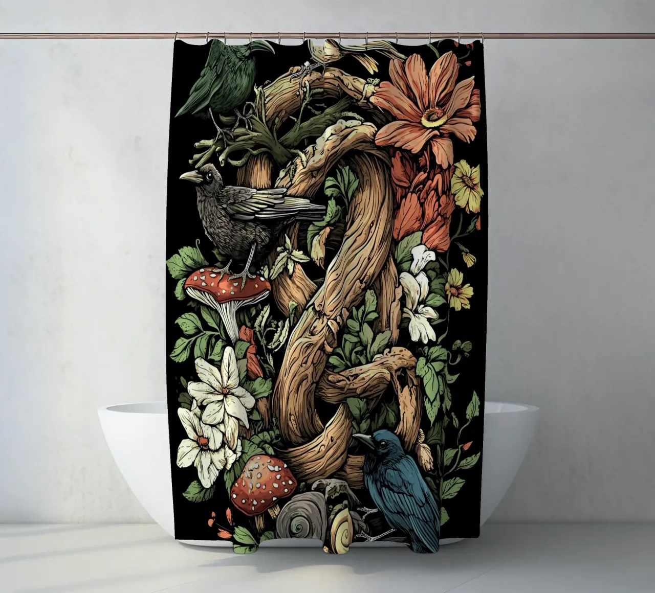 Uccelli della foresta e crescita selvatica - Splendore naturale di Goblincore tenda da doccia da pixelbull - medieval art and more