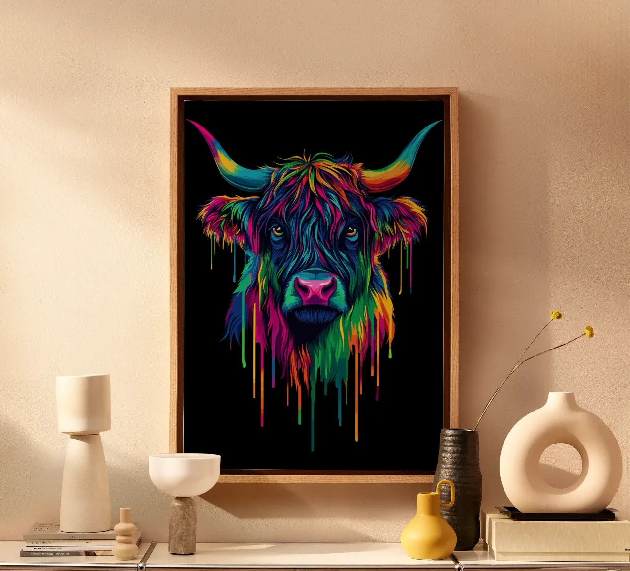 Kleurrijke Highland stier - neon pop art vee canvas met Baklijst van pixelbull - medieval art and more
