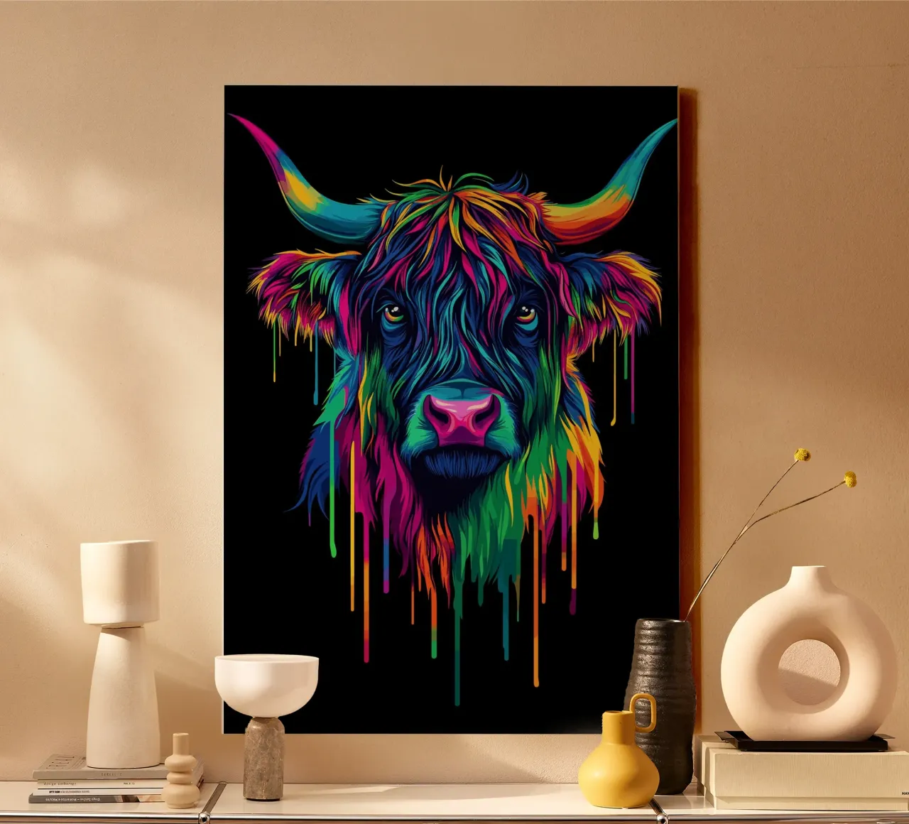 Kleurrijke Highland stier - neon pop art vee canvas met Baklijst van pixelbull - medieval art and more