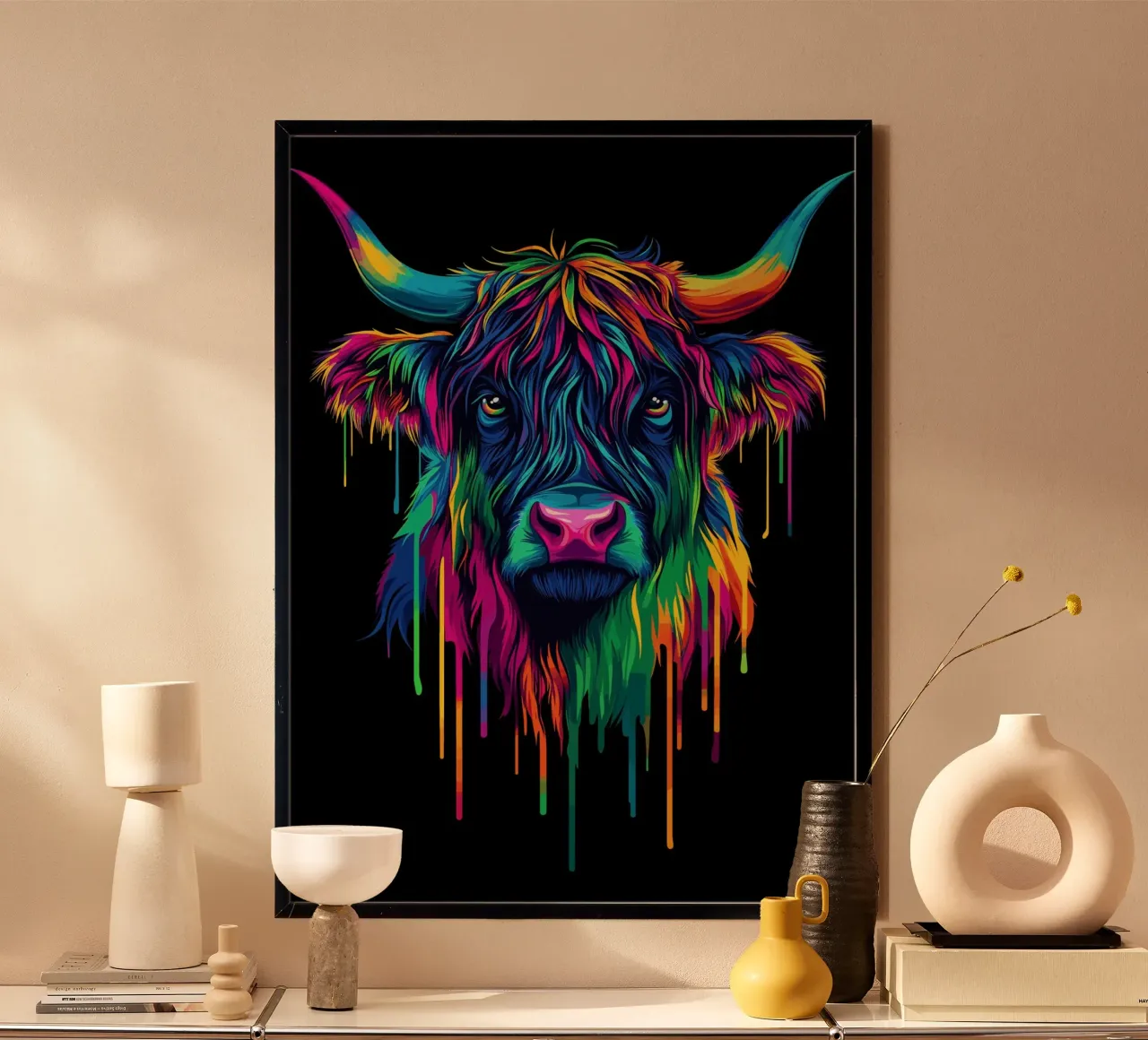 Toro colorato delle Highlands - bestiame pop art al neon poster con telaio in legno da pixelbull - medieval art and more