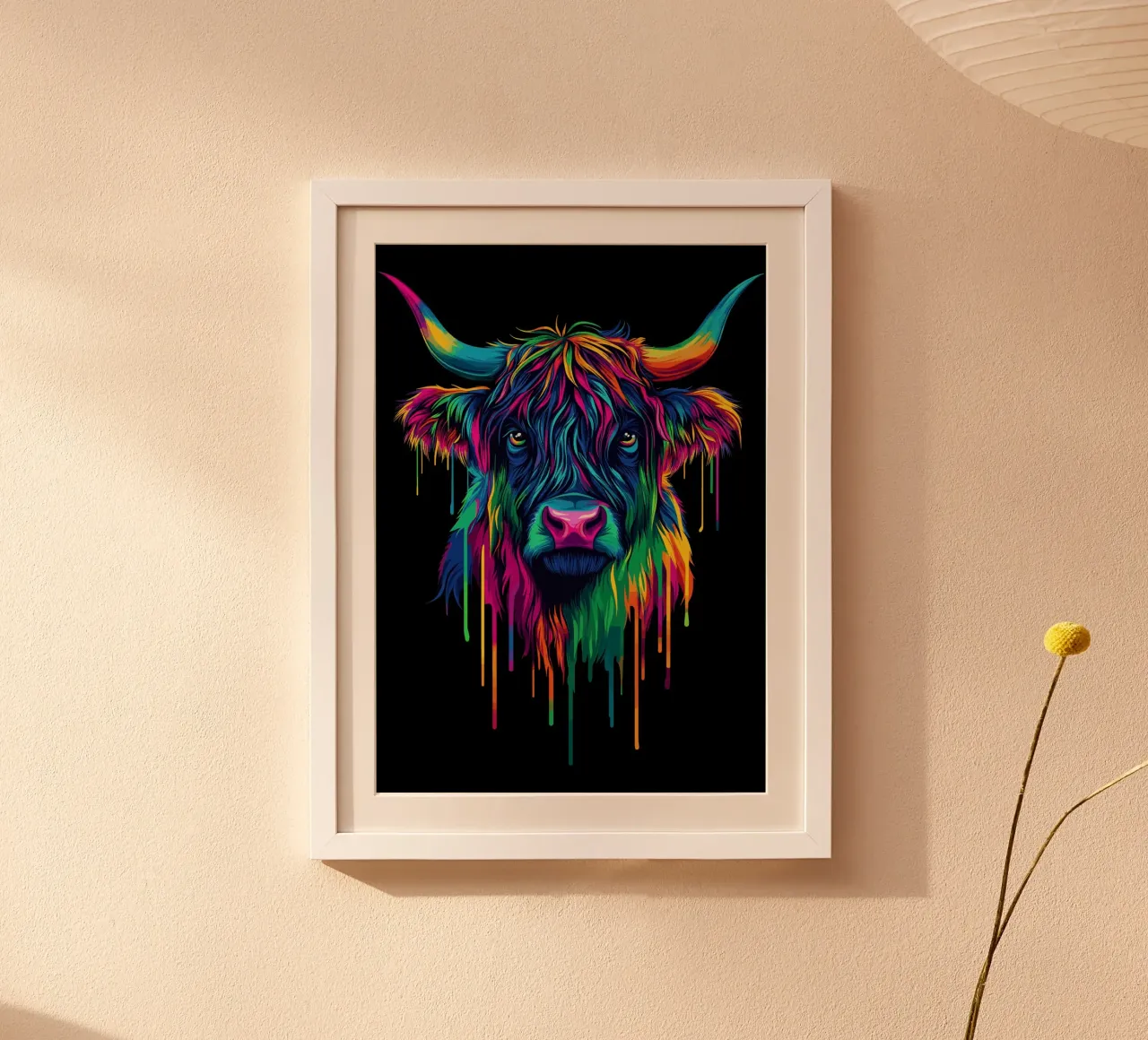 Toro colorato delle Highlands - bestiame pop art al neon poster con telaio in legno da pixelbull - medieval art and more