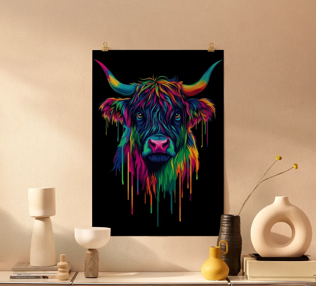 Toro colorato delle Highlands - bestiame pop art al neon poster con telaio in legno da pixelbull - medieval art and more