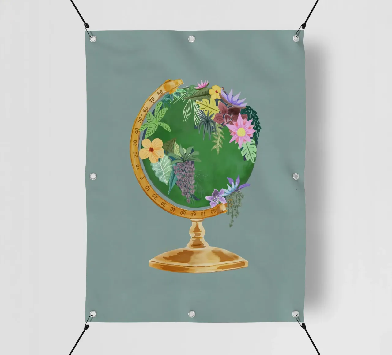 Fiori botanici Vintage World Globe Sfondo verde salvia telo in pvc da This Wild Soul - Illustration