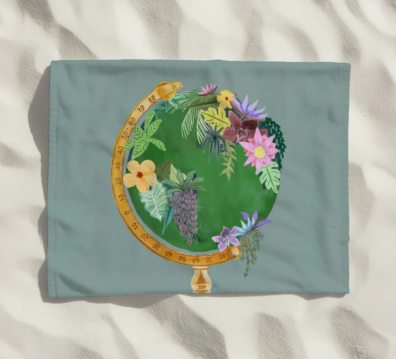 Fiori botanici Vintage World Globe Sfondo verde salvia telo mare da This Wild Soul - Illustration