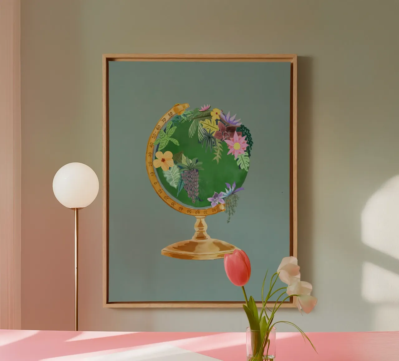 Fiori botanici Vintage World Globe Sfondo verde salvia tela con Cornice a cassetta da This Wild Soul - Illustration