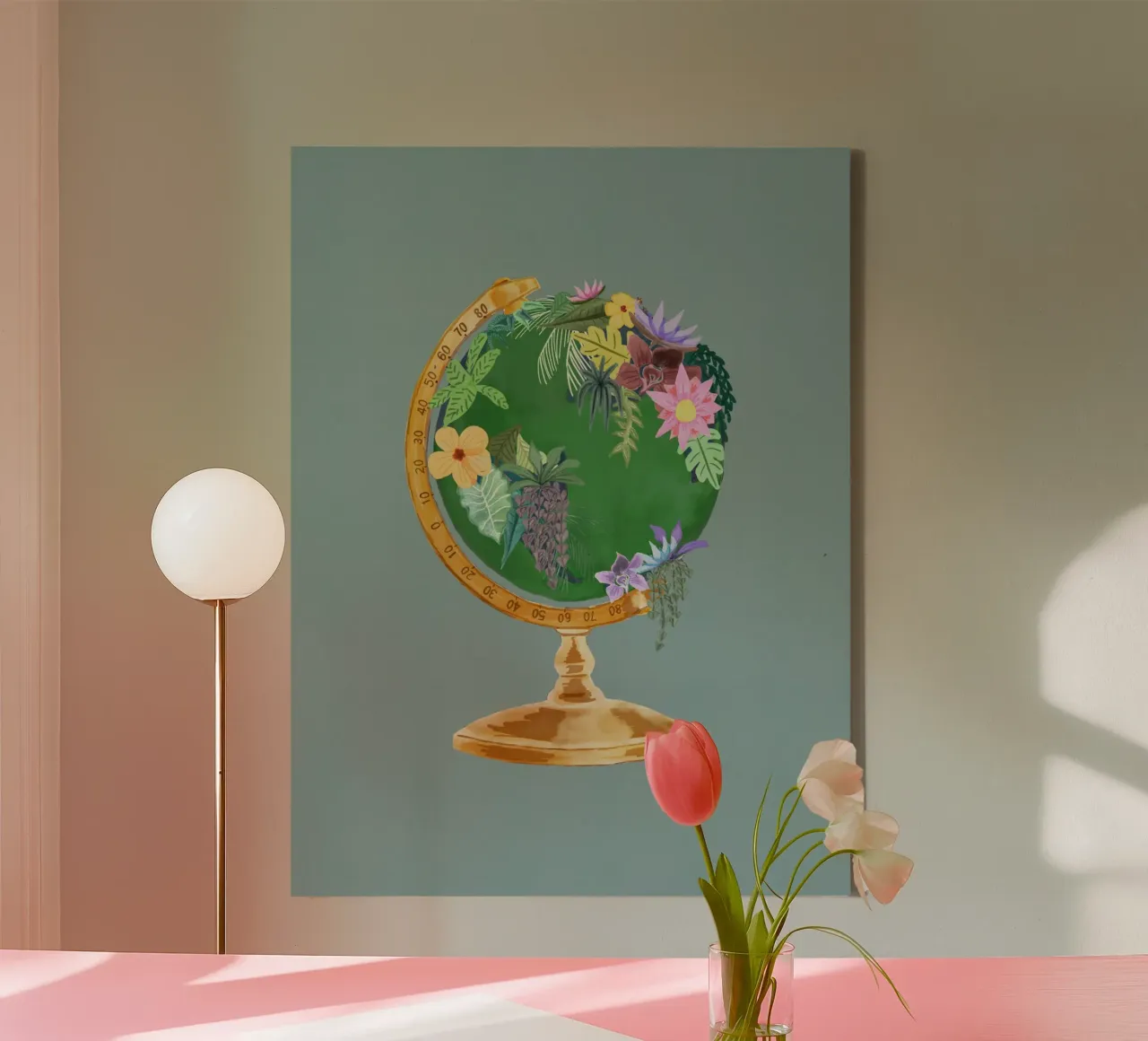 Fiori botanici Vintage World Globe Sfondo verde salvia tela con Cornice a cassetta da This Wild Soul - Illustration