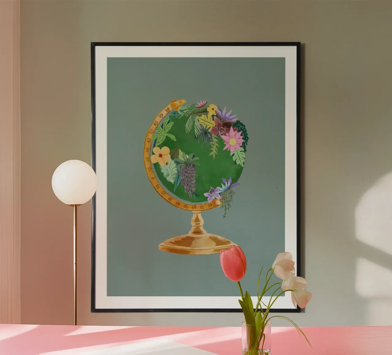 Fiori botanici Vintage World Globe Sfondo verde salvia carta hahnemühle da This Wild Soul - Illustration