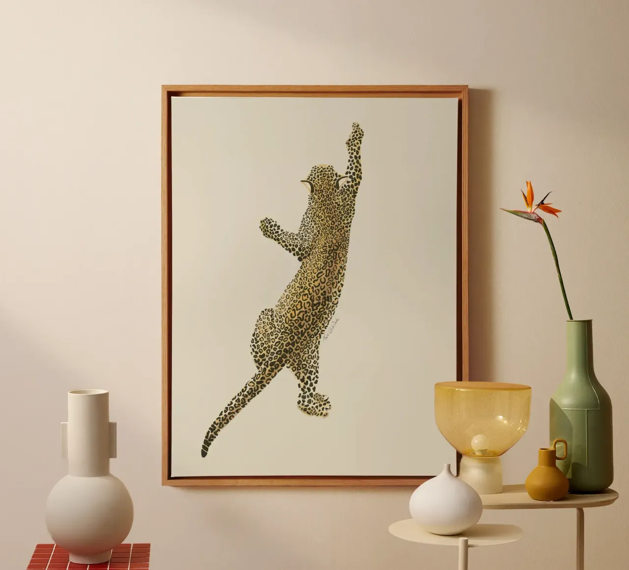 Vintage Leopard Safari Cat acquerello su lino bianco crema tela con Cornice a cassetta da This Wild Soul - Illustration
