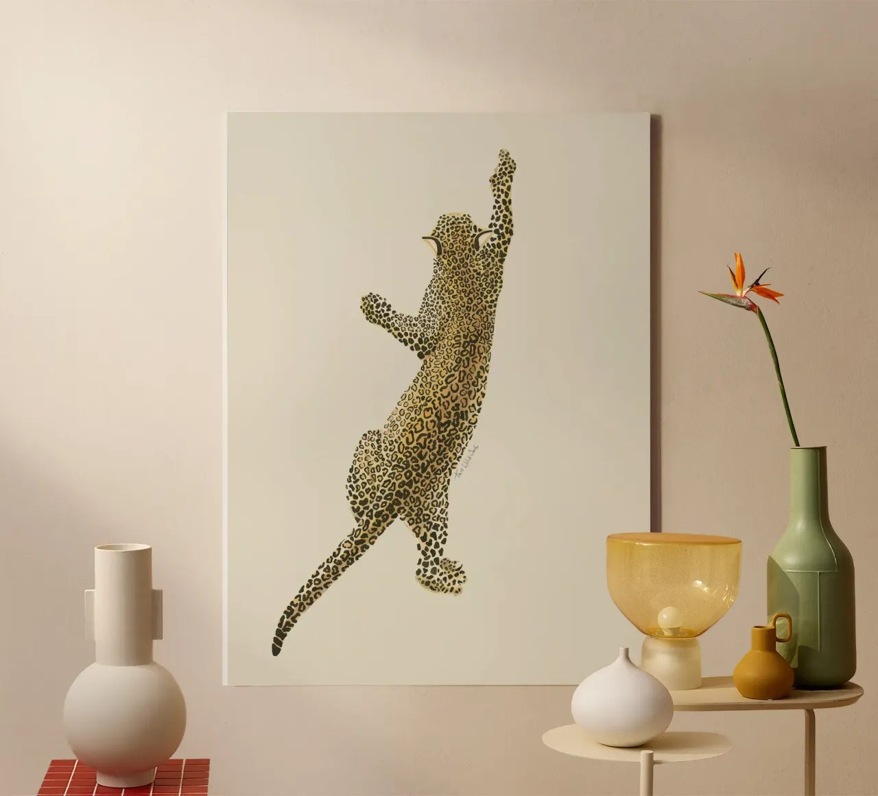 Vintage Leopard Safari Cat acquerello su lino bianco crema tela con Cornice a cassetta da This Wild Soul - Illustration