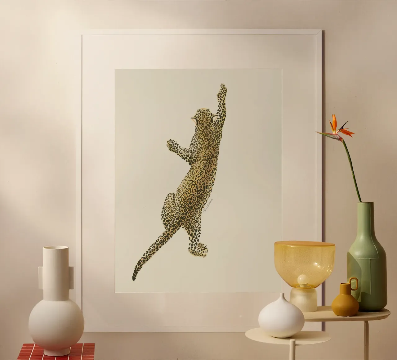 Vintage Leopard Safari Cat acquerello su lino bianco crema poster con telaio in alluminio da This Wild Soul - Illustration