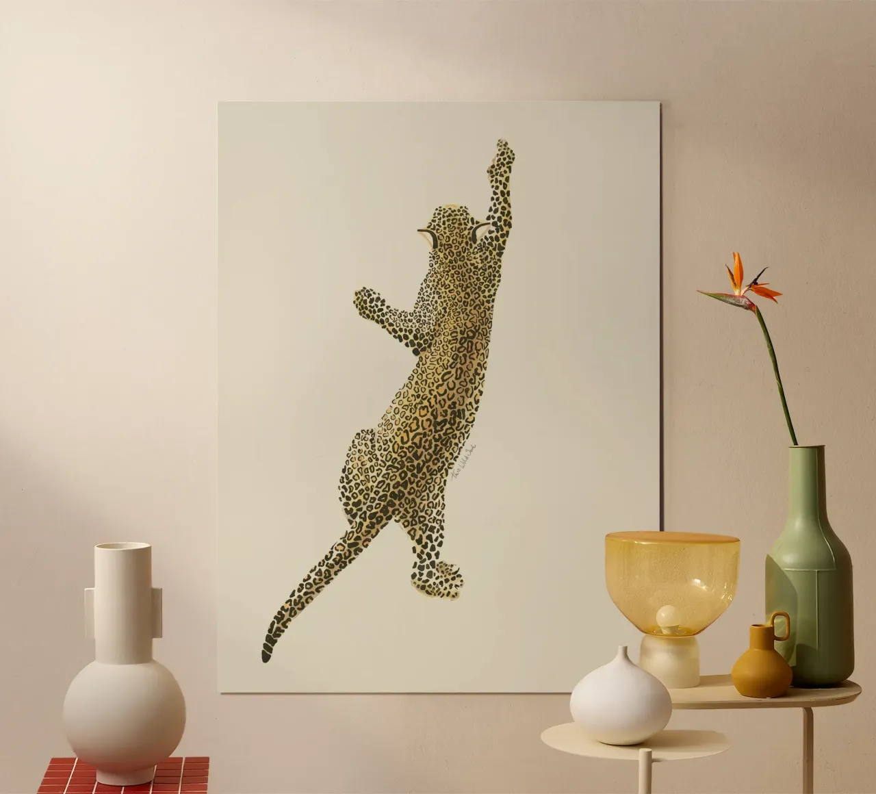 Vintage Leopard Safari Cat acquerello su lino bianco crema poster con telaio in alluminio da This Wild Soul - Illustration