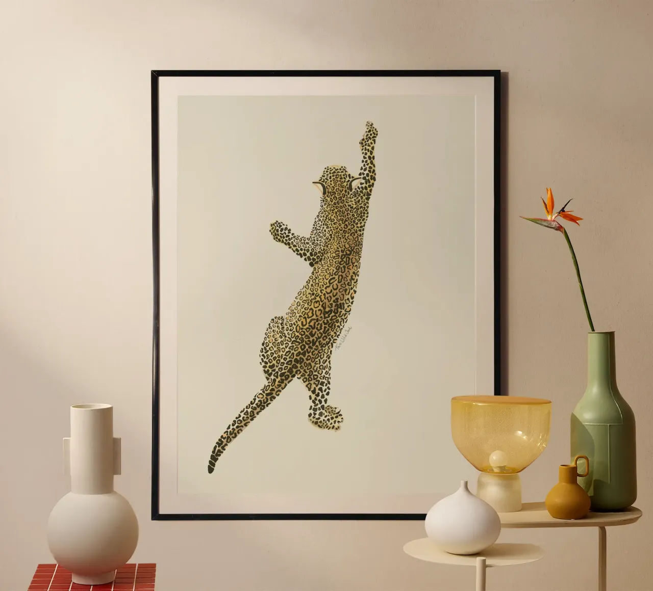 Vintage Leopard Safari Cat acquerello su lino bianco crema poster con telaio in alluminio da This Wild Soul - Illustration