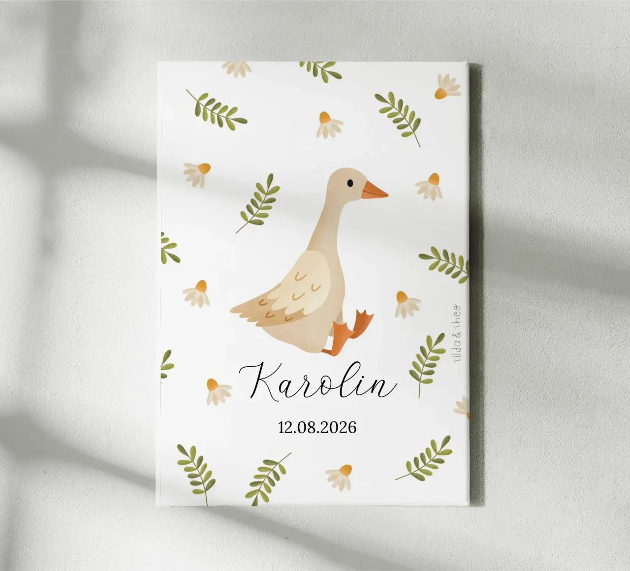Geboorteposter gans geboortecadeau weide gepersonaliseerd canvas met Baklijst van tildaandtheo