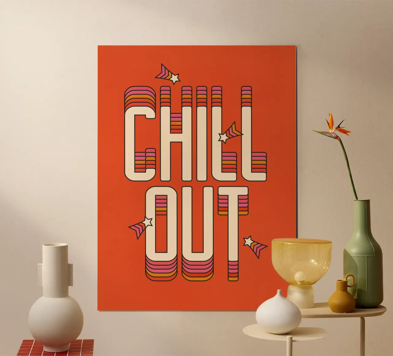 Retro "Chill Out" Typography Art – 70s Groovy Aesthetic carta hahnemühle da showmemars