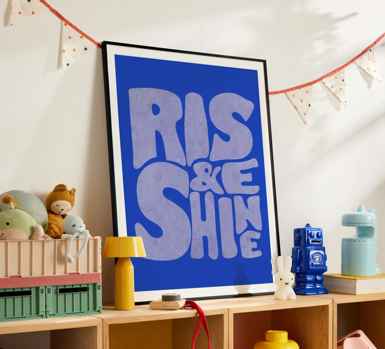 Rise & Shine Tipografia retrò blu poster con telaio in plastica da showmemars