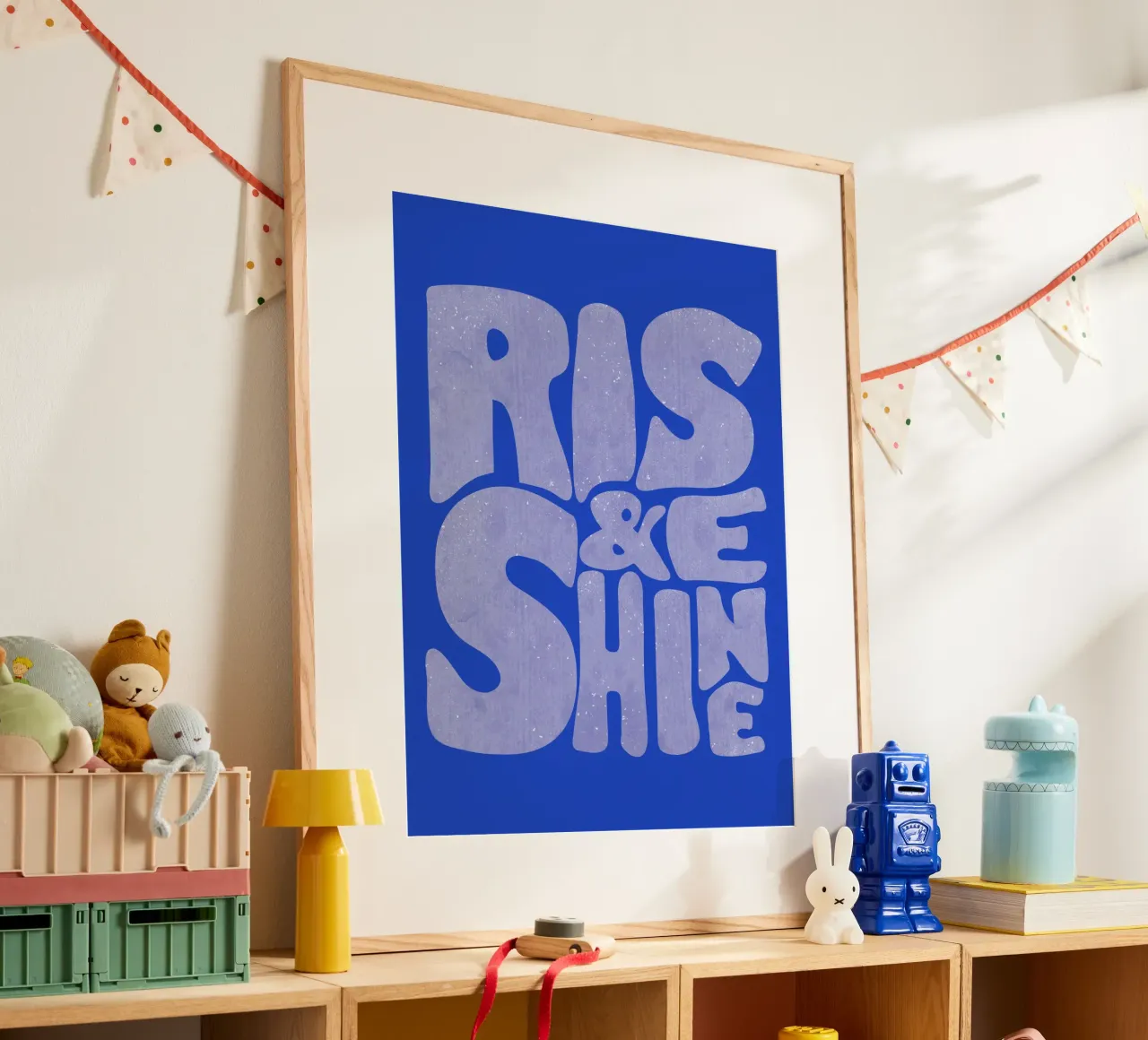 Rise & Shine Tipografia retrò blu poster con telaio in plastica da showmemars