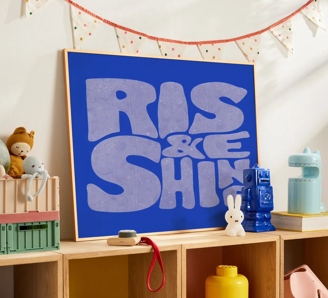 Rise & Shine Tipografia retrò blu poster con telaio in plastica da showmemars