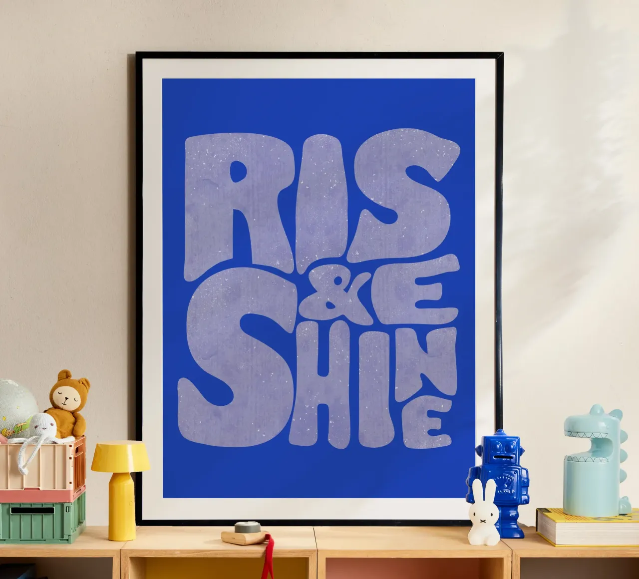Rise & Shine Tipografia retrò blu poster con telaio in plastica da showmemars