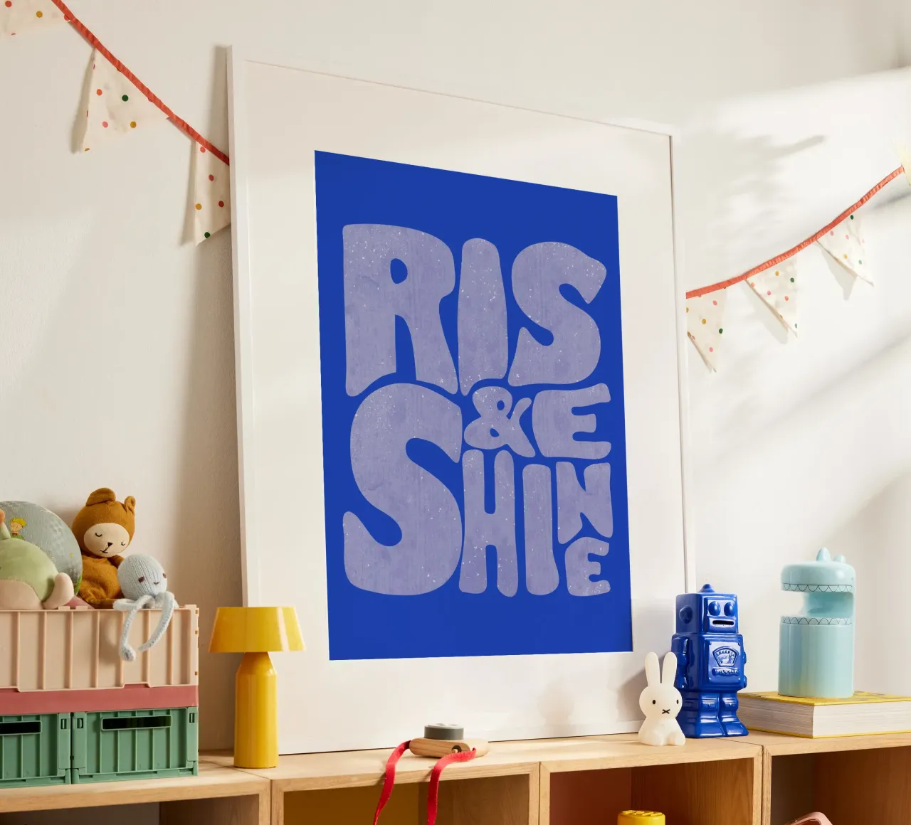 Rise & Shine Tipografia retrò blu poster con telaio in plastica da showmemars