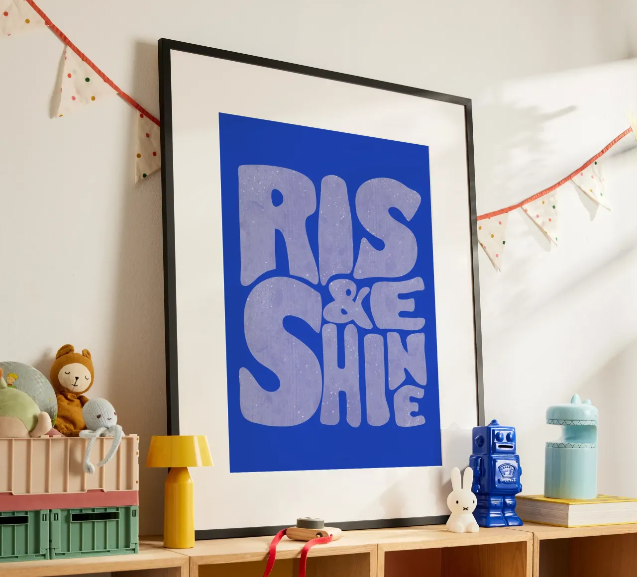 Rise & Shine Tipografia retrò blu poster con telaio in plastica da showmemars