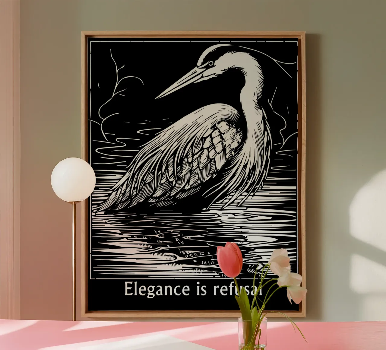 Elegante reiger - zwart-wit kunst canvas met Baklijst van Mohs