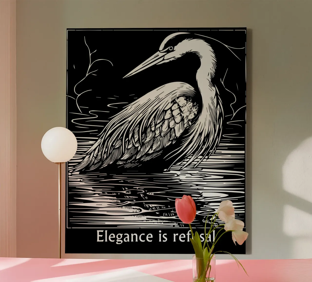 Elegante reiger - zwart-wit kunst canvas met Baklijst van Mohs