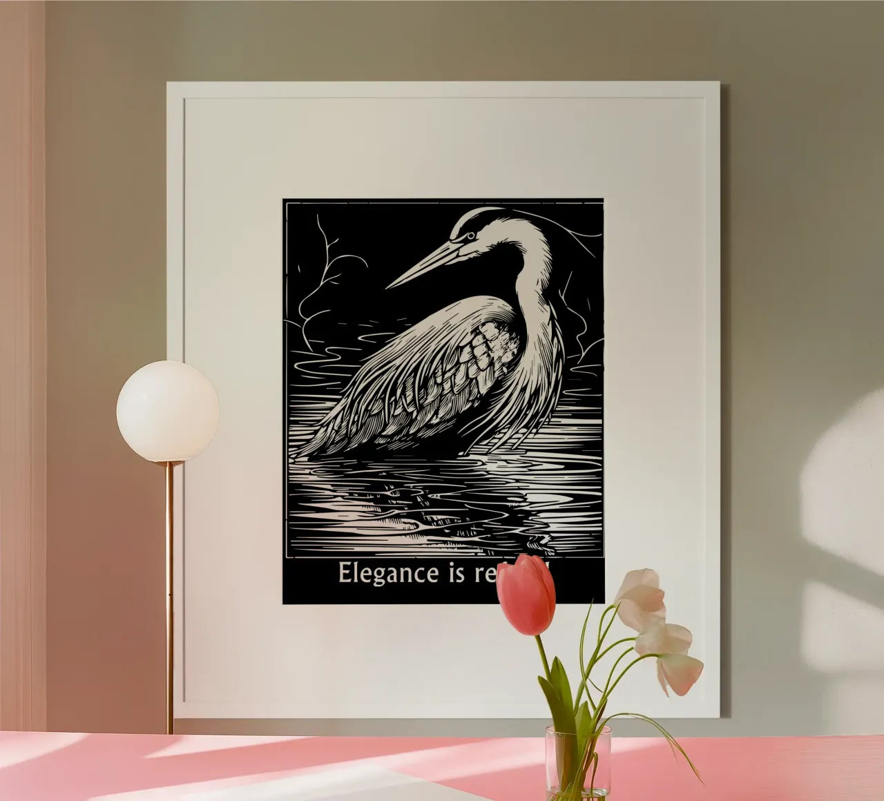 Elegante airone - arte in bianco e nero poster con telaio in plastica da Mohs