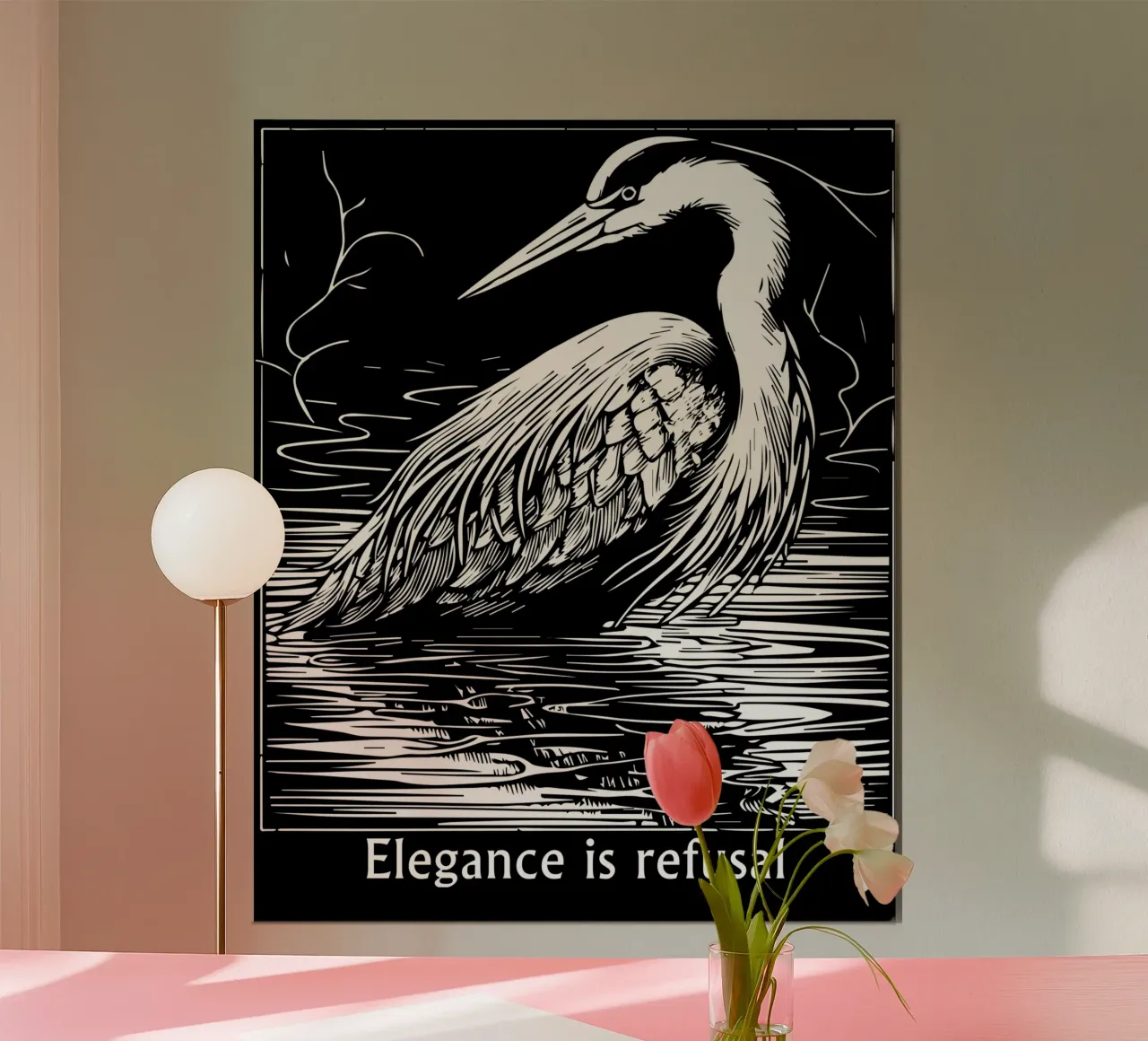 Elegante airone - arte in bianco e nero poster con telaio in plastica da Mohs