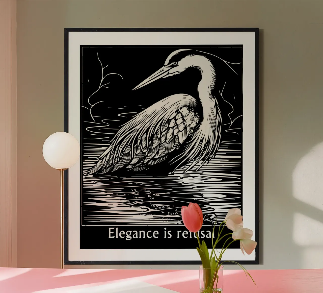 Elegante airone - arte in bianco e nero poster con telaio in plastica da Mohs