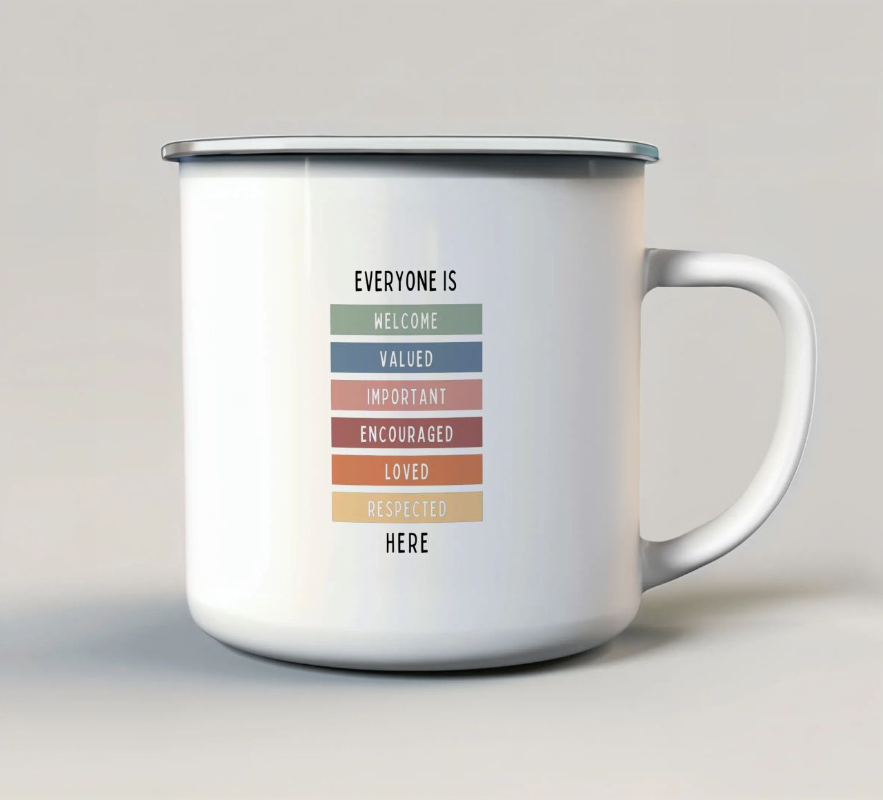 Tout le monde est le bienvenu ici V1 mug en émail de heatherloulin