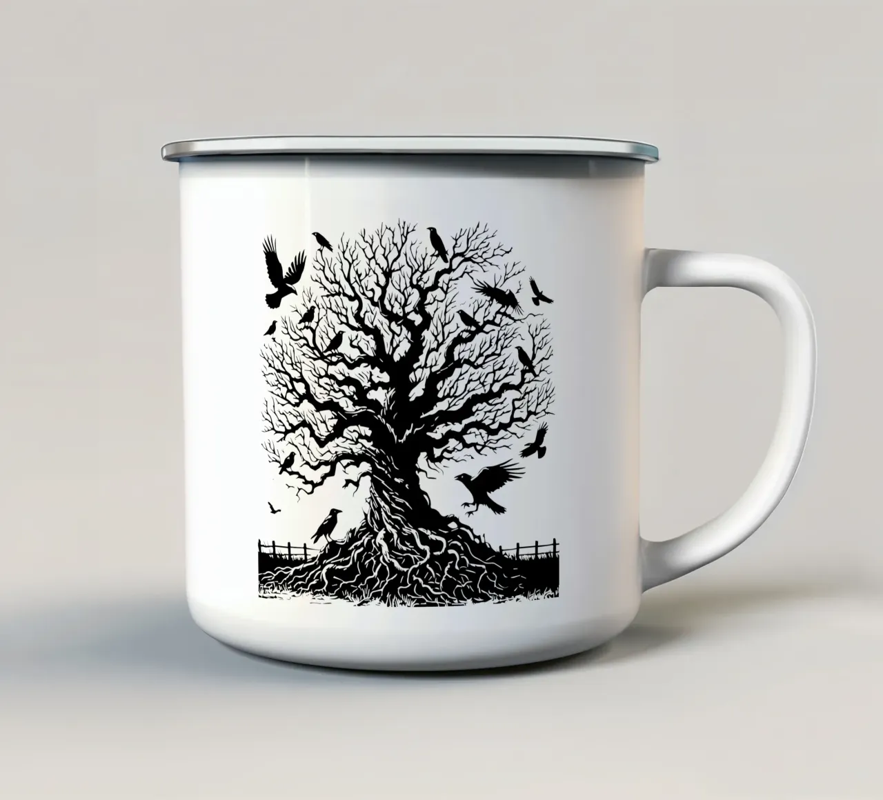 L'albero dei corvi tazza in smalto da Mohs
