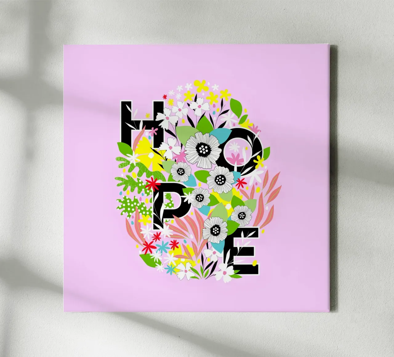 HOPE • Typographic Floral Easter Egg in Joyful Pink & Yellow canvas with Floater frame by Dominique Vari Words