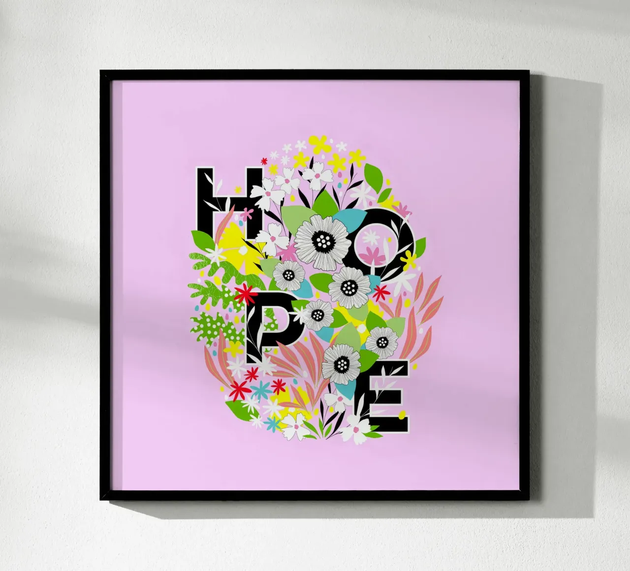 HOPE - Uovo di Pasqua floreale tipografico in rosa e giallo gioioso poster con telaio in legno da Dominique Vari Words