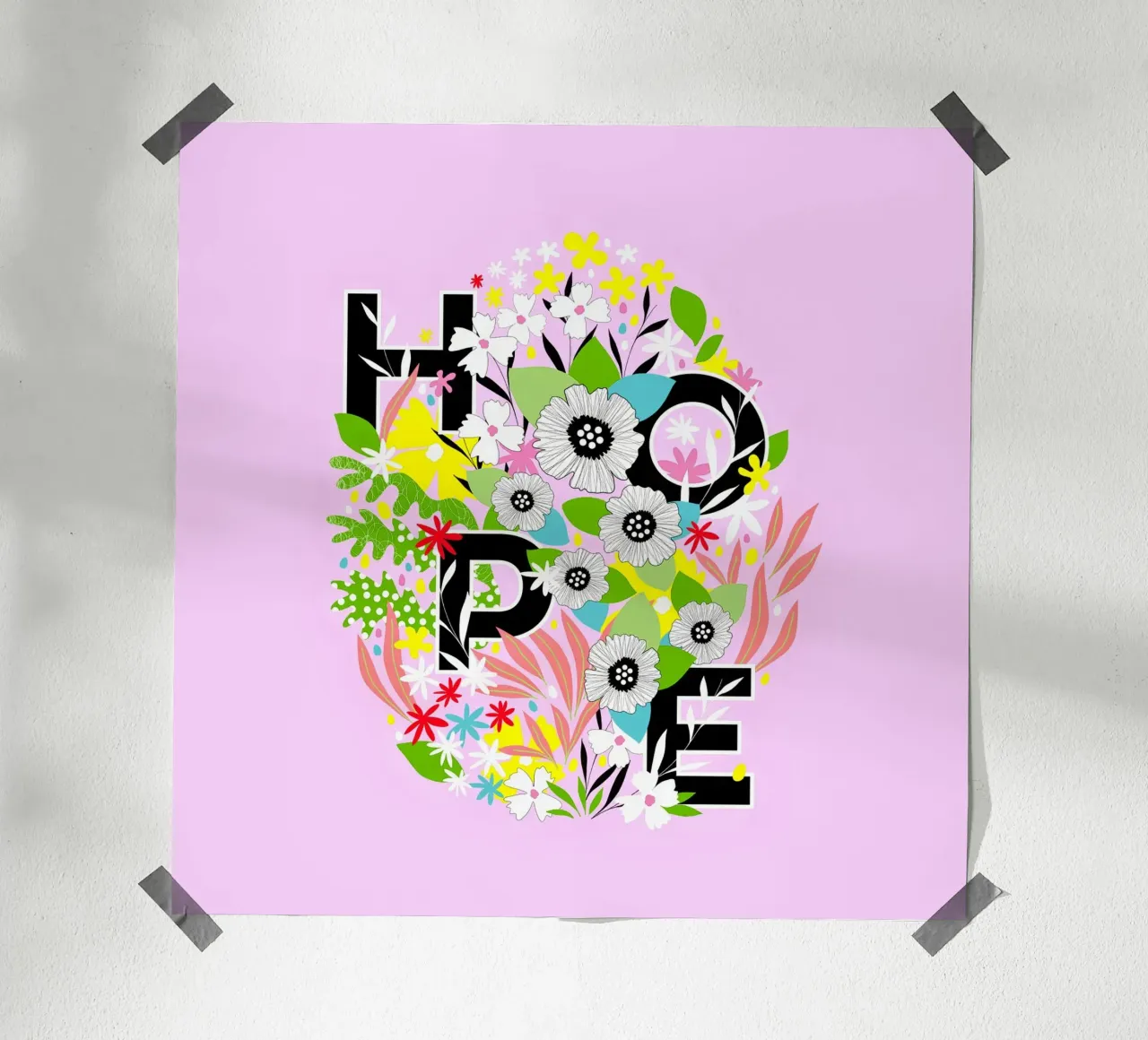 HOPE - Uovo di Pasqua floreale tipografico in rosa e giallo gioioso poster con telaio in legno da Dominique Vari Words