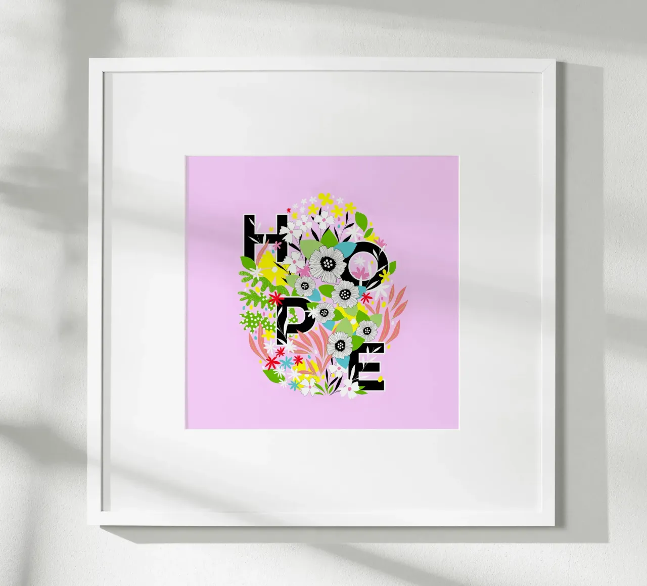 HOPE - Uovo di Pasqua floreale tipografico in rosa e giallo gioioso poster con telaio in legno da Dominique Vari Words