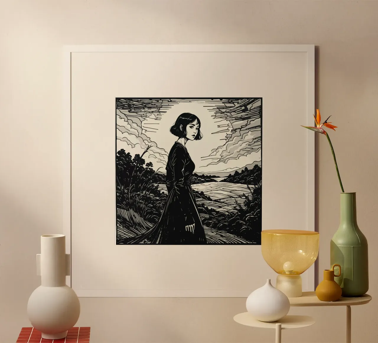 Femme mélancolique dans les champs poster avec cadre en bois de Mohs
