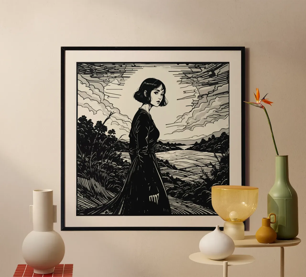Femme mélancolique dans les champs poster avec cadre en bois de Mohs
