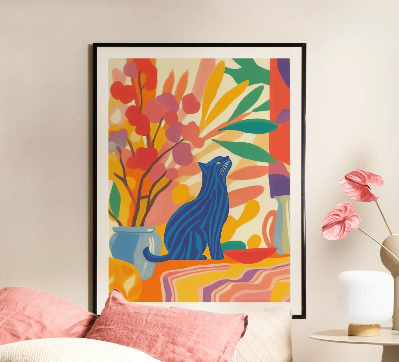 Flowery stripes cat poster by Carinaprint