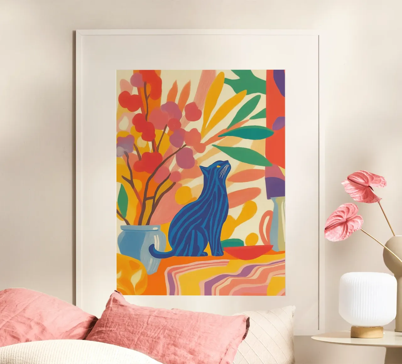 Flowery stripes cat poster by Carinaprint