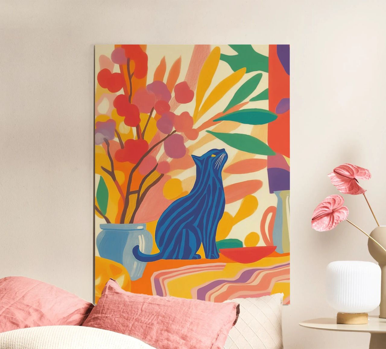 Flowery stripes cat poster by Carinaprint