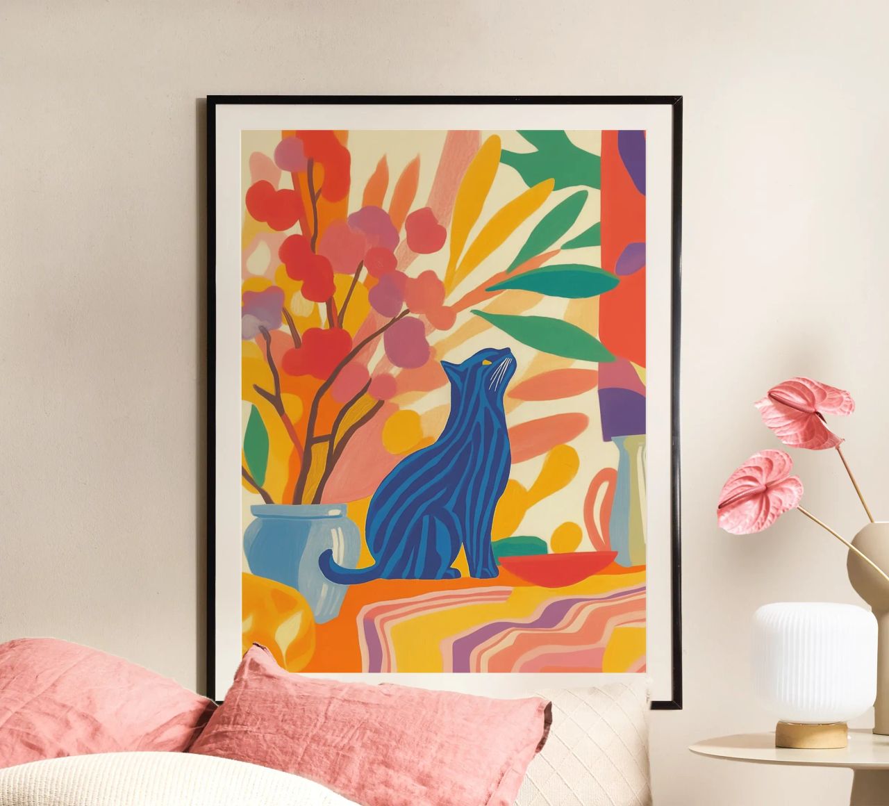 Flowery stripes cat poster by Carinaprint