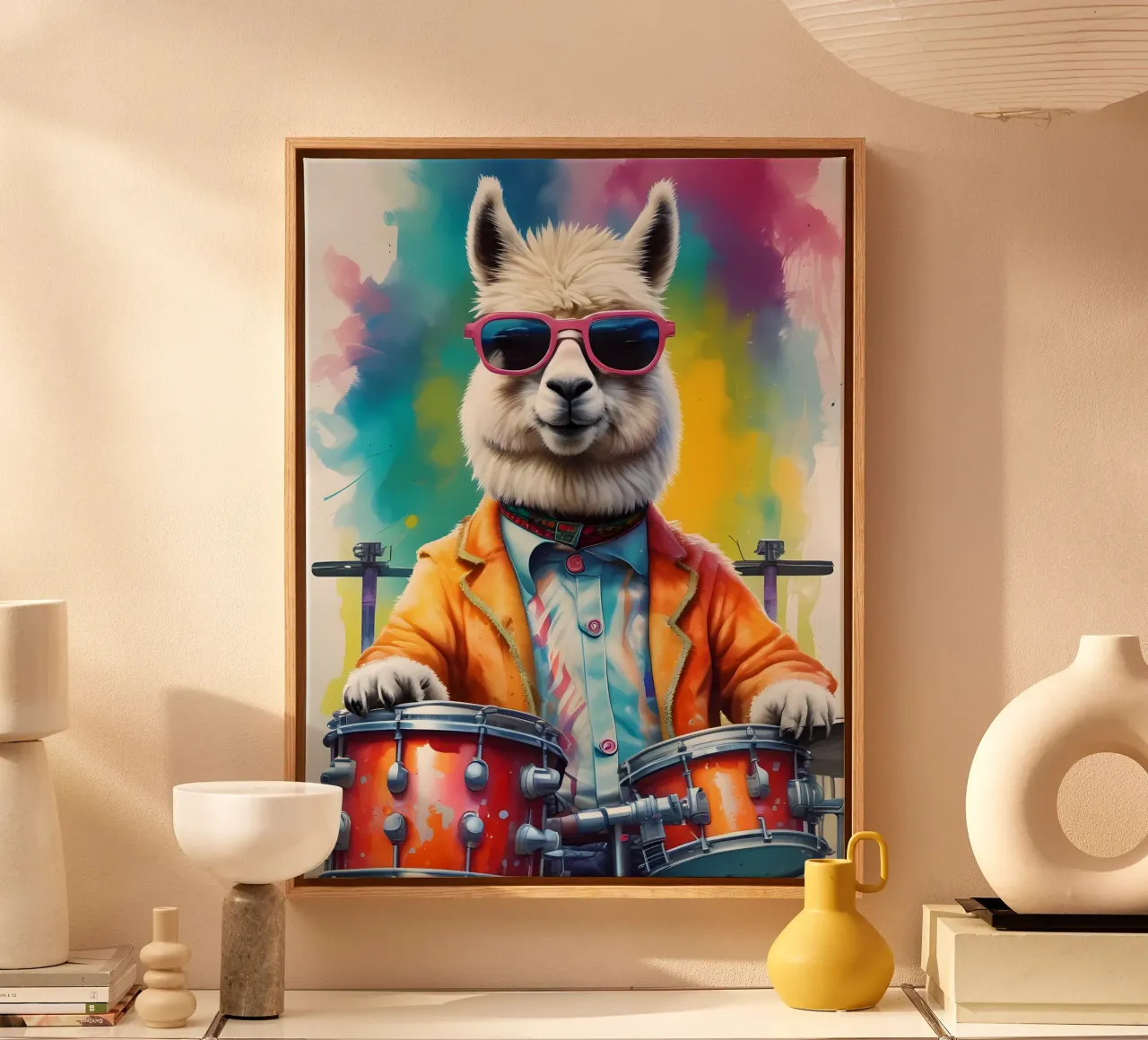 Lama and drums canvas with Floater frame by MakArena