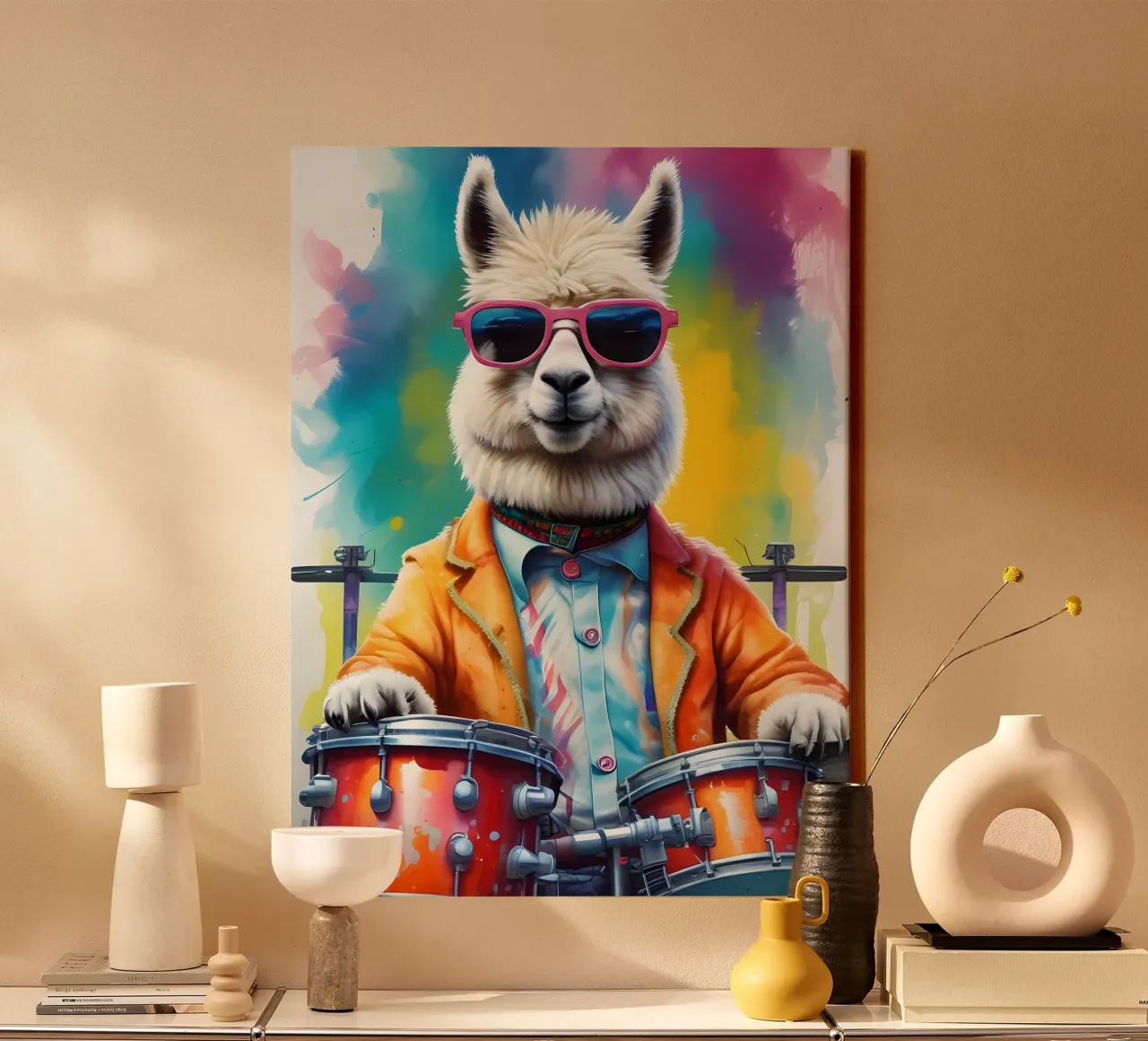 Lama and drums canvas with Floater frame by MakArena