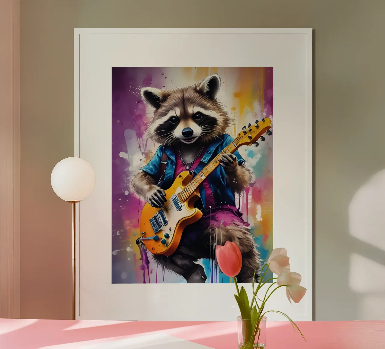 Waschbär spielt Gitarre Poster mit Kunststoffrahmen von MakArena