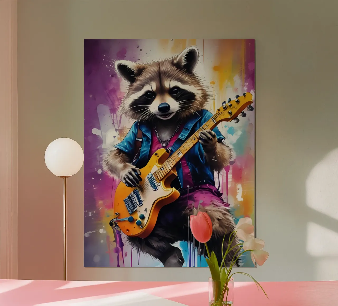 Waschbär spielt Gitarre Poster mit Kunststoffrahmen von MakArena